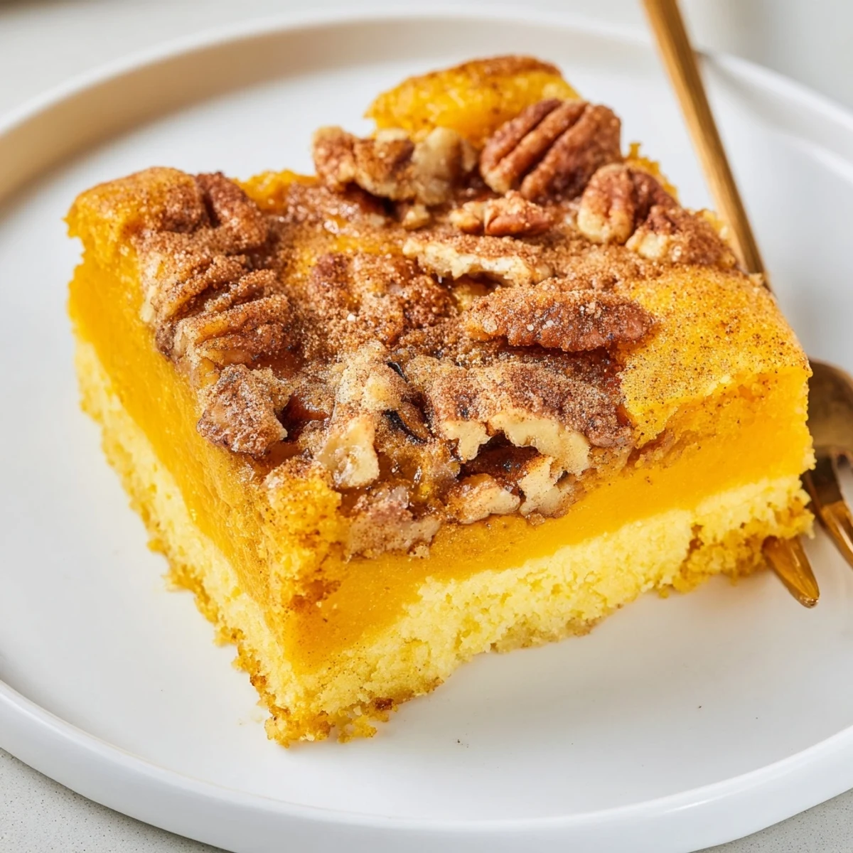 Sliced Pumpkin Dump Cake on plate, fluffy interior, dollop of whipped cream