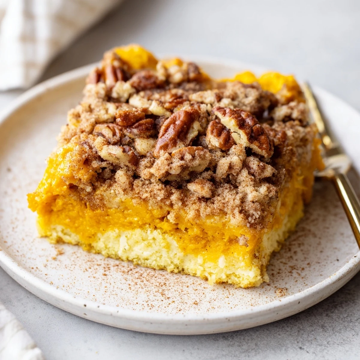 Generous scoop on Pumpkin Dump Cake, creamy filling, crunchy toasted pecans