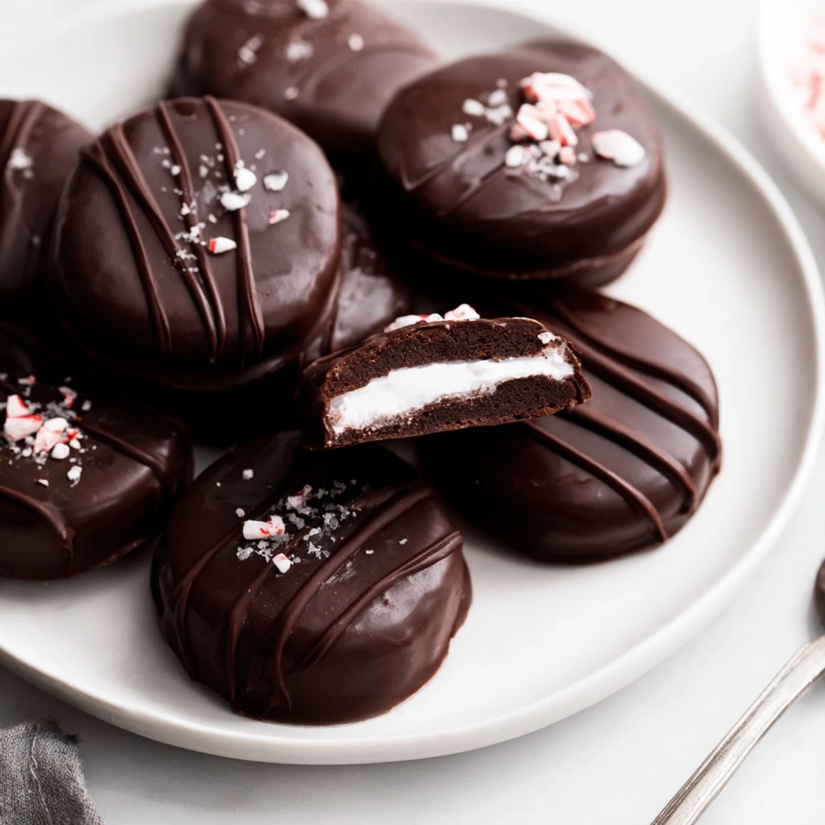 Peppermint Patties arranged on parchment, glossy dark chocolate and mint scent