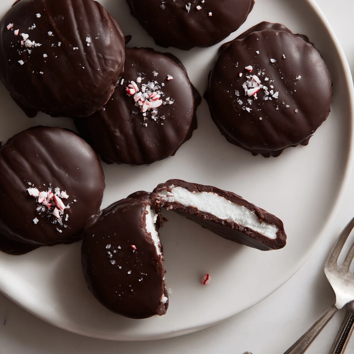 Creamy filling hidden inside Peppermint Patties, glossy chocolate and cool aroma