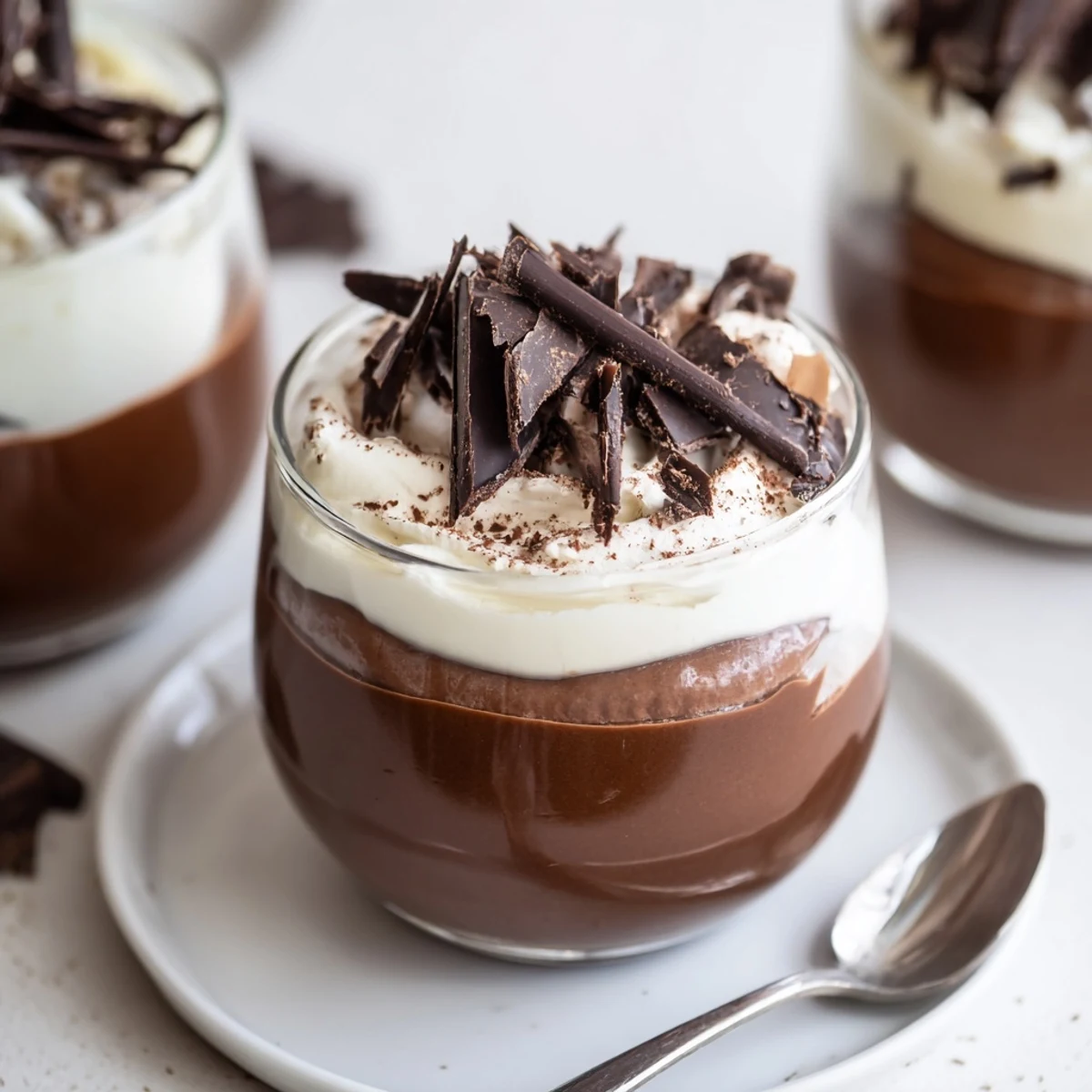 Triple Chocolate Mousse Cups layered with glossy dark, milk, and white mousses