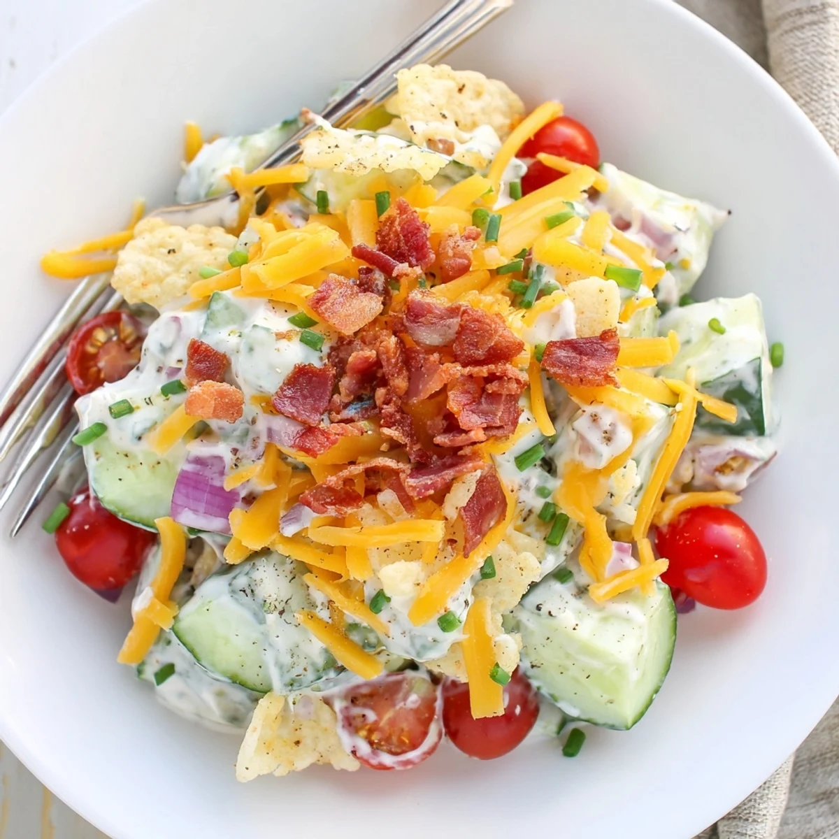 Cucumber Ranch Crack Salad piled with crunchy bacon, cheddar, and kettle chips