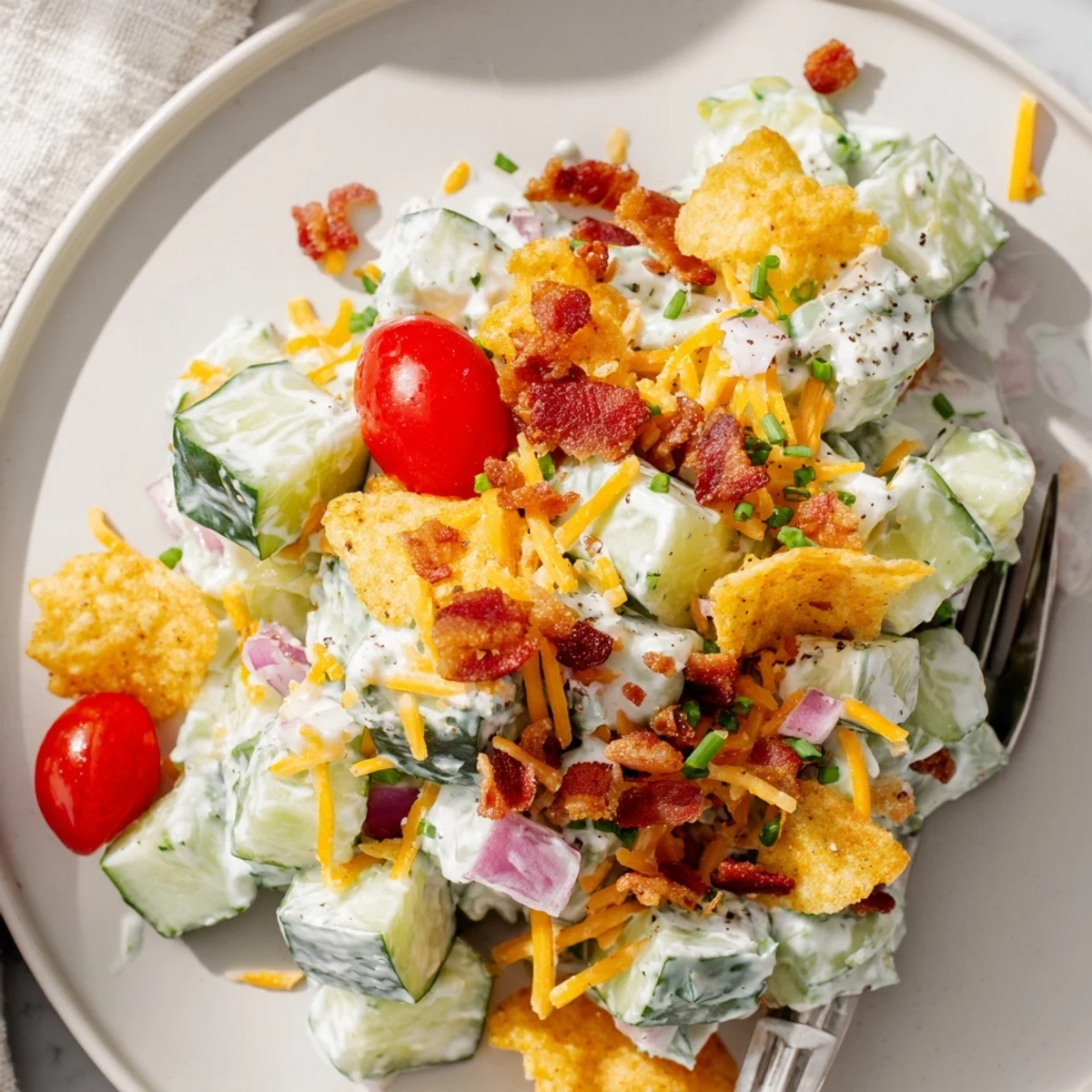 Bright Cucumber Ranch Crack Salad served in bowl, creamy ranch dressing glistening