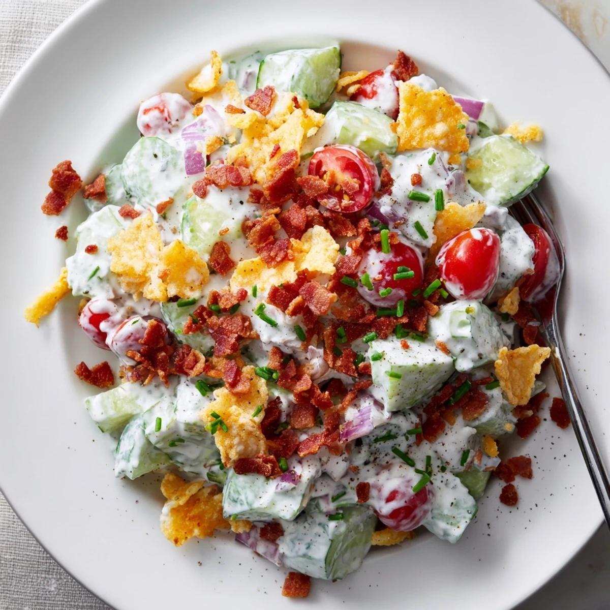 Picnic ready Cucumber Ranch Crack Salad topped with reserved bacon crumbles