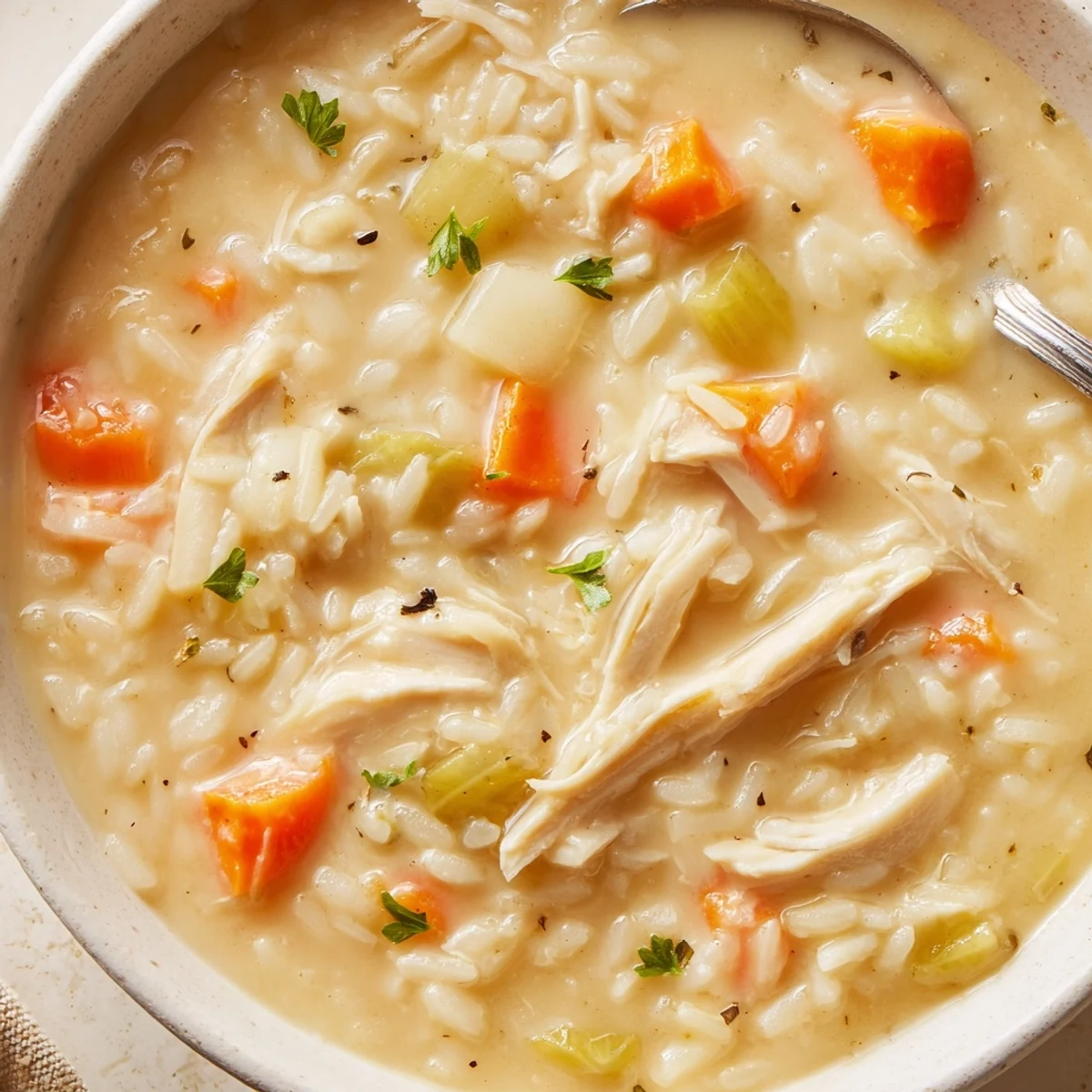 Creamy Chicken Rice Soup steaming in bowl, tender chicken and silky broth.