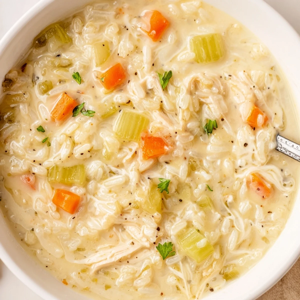 A ladle of Creamy Chicken Rice Soup reveals rice, carrots, and creamy broth.