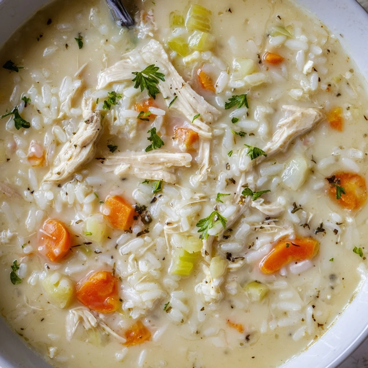 Bowl of Creamy Chicken Rice Soup garnished with parsley, served with bread.