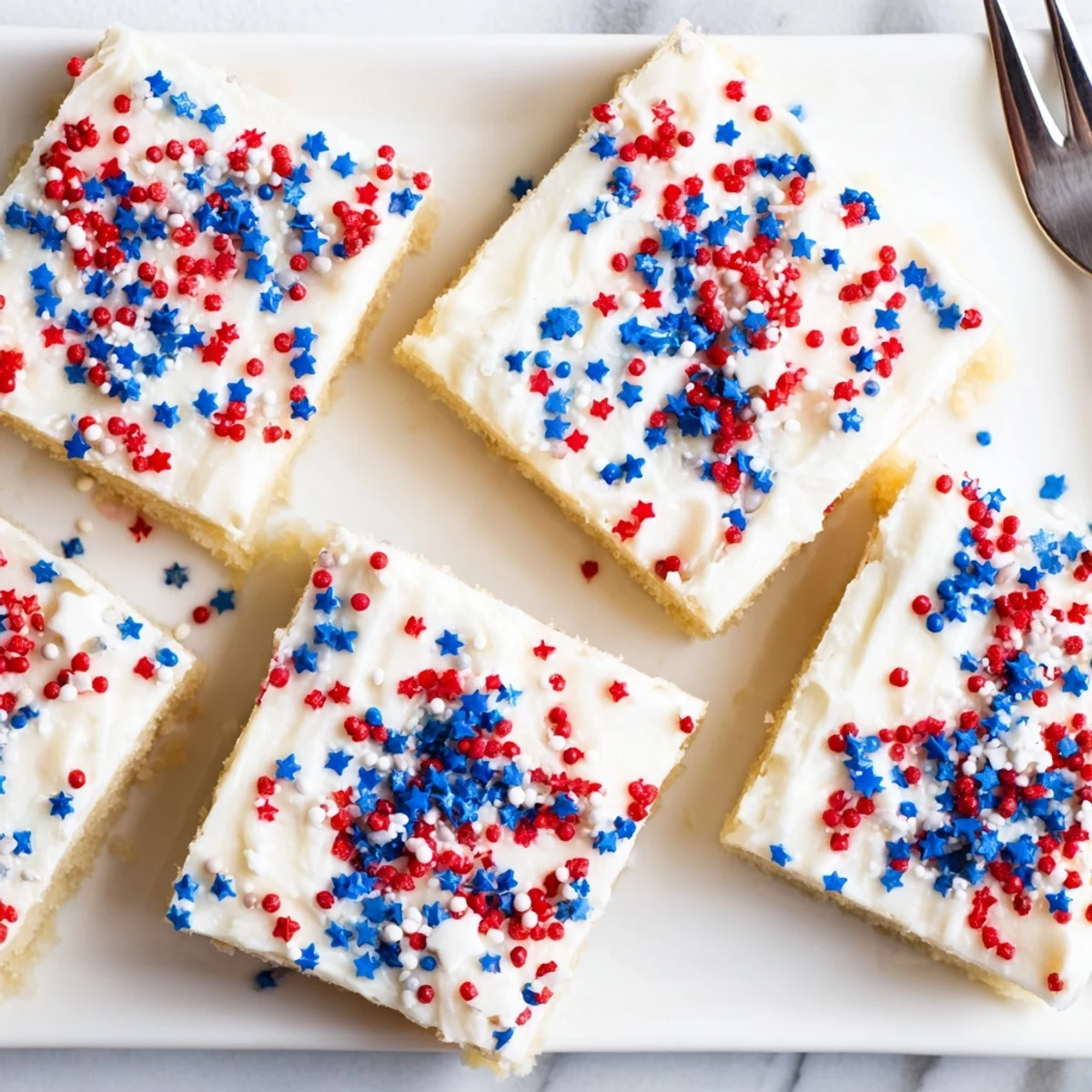 Square sugar cookie treats with swirls of buttercream vanilla frosting and scattered patriotic red white and blue decorations