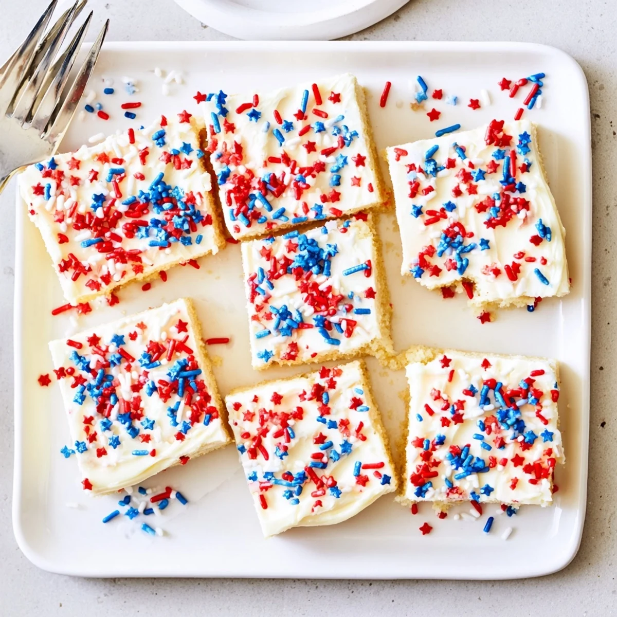 Patriotic July 4th dessert bars with white frosting and colorful star-shaped sprinkles on a golden cookie base