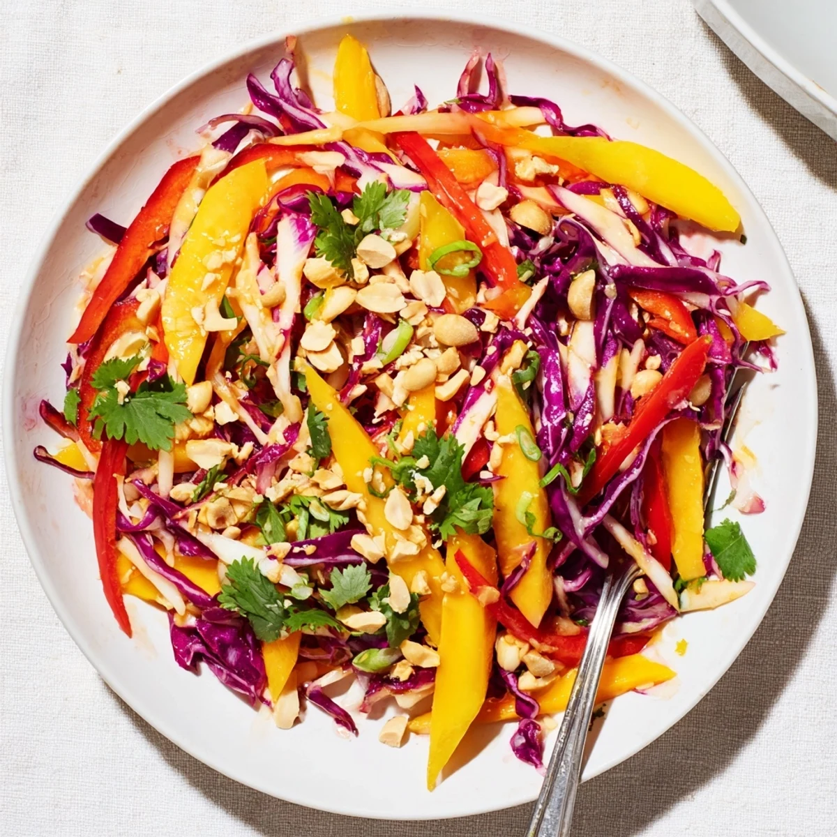 Light refreshing mango slaw topped with sesame seeds and fresh cilantro garnish
