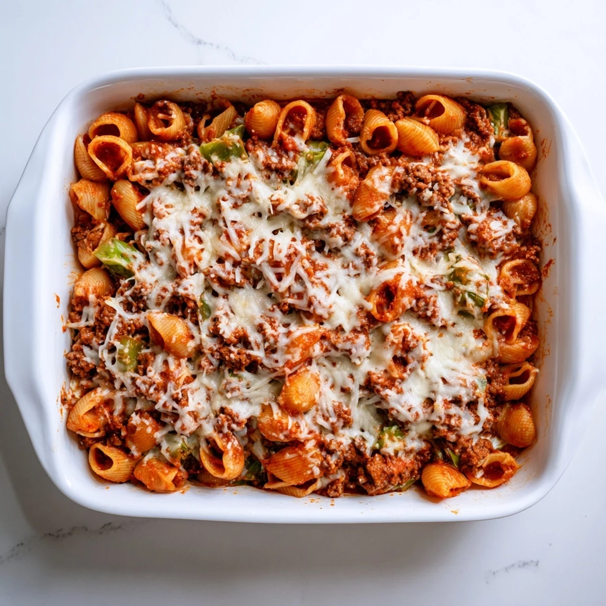 Golden cheesy cabbage roll pasta bake with ground beef and bubbling tomato sauce topping