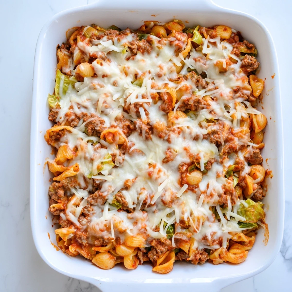 Comforting baked pasta dish featuring tender cabbage, seasoned beef, and melted mozzarella in tomato sauce