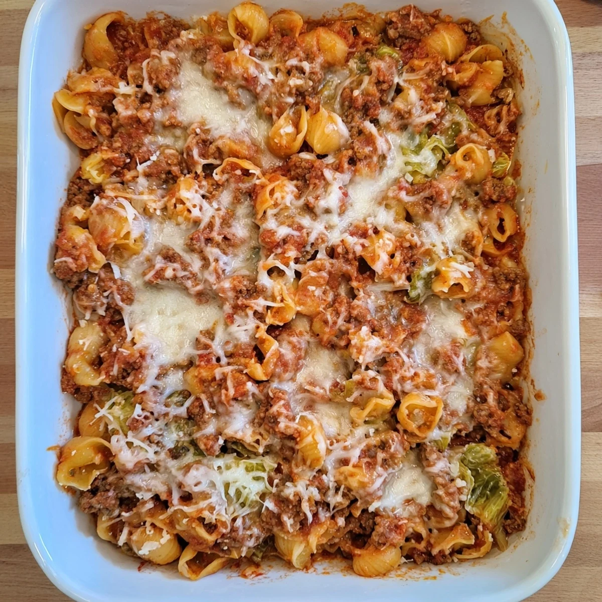 Hearty cabbage roll pasta bake bubbling with savory beef, tangy tomatoes, and golden melted cheese