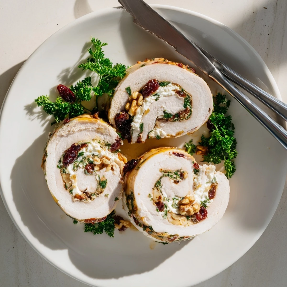 Golden glazed turkey roll sliced to reveal creamy goat cheese and tart cranberry filling