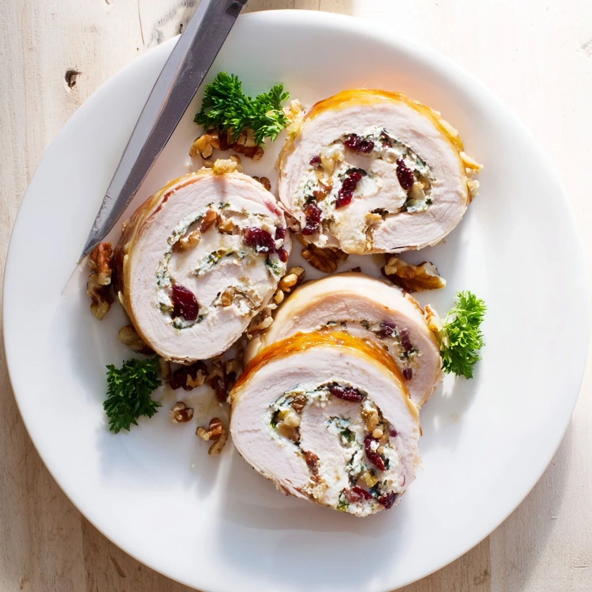 Succulent cranberry goat cheese stuffed turkey breast delight garnished with fresh parsley and ready to serve