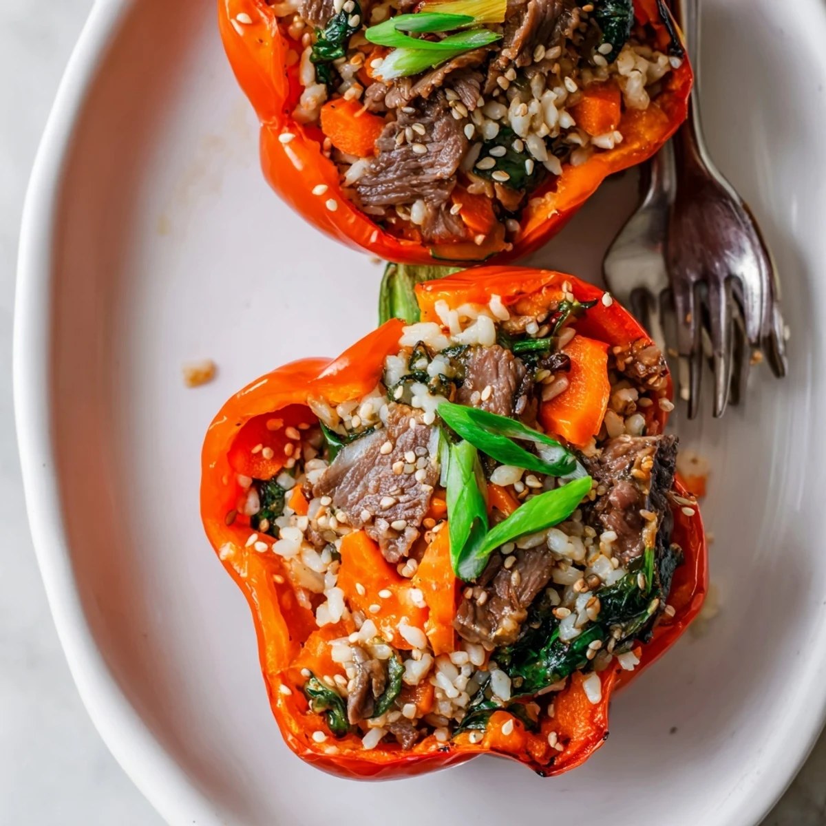 Savory marinated beef and rice filling nestled in tender baked bell peppers with sesame garnish
