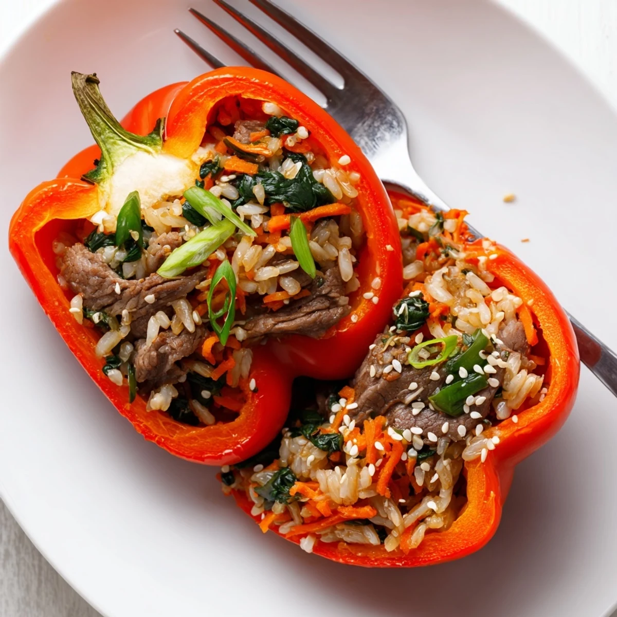 Golden Korean beef bulgogi stuffed inside colorful roasted bell peppers over fluffy white rice