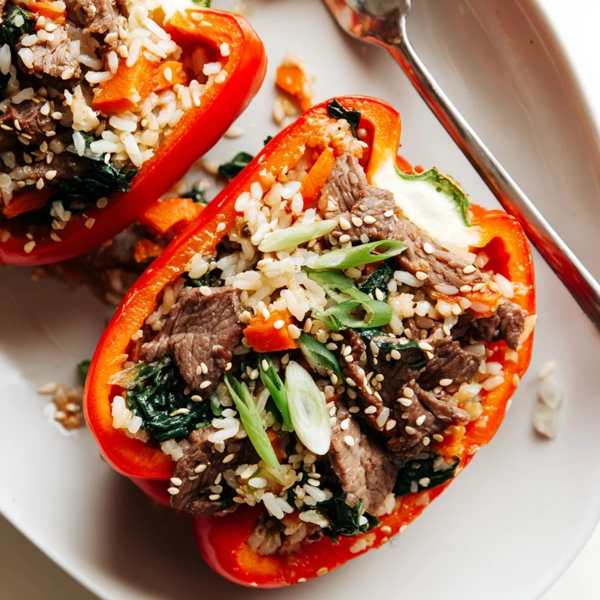 Plump stuffed peppers overflowing with seasoned bulgogi beef rice mixture topped with fresh scallions