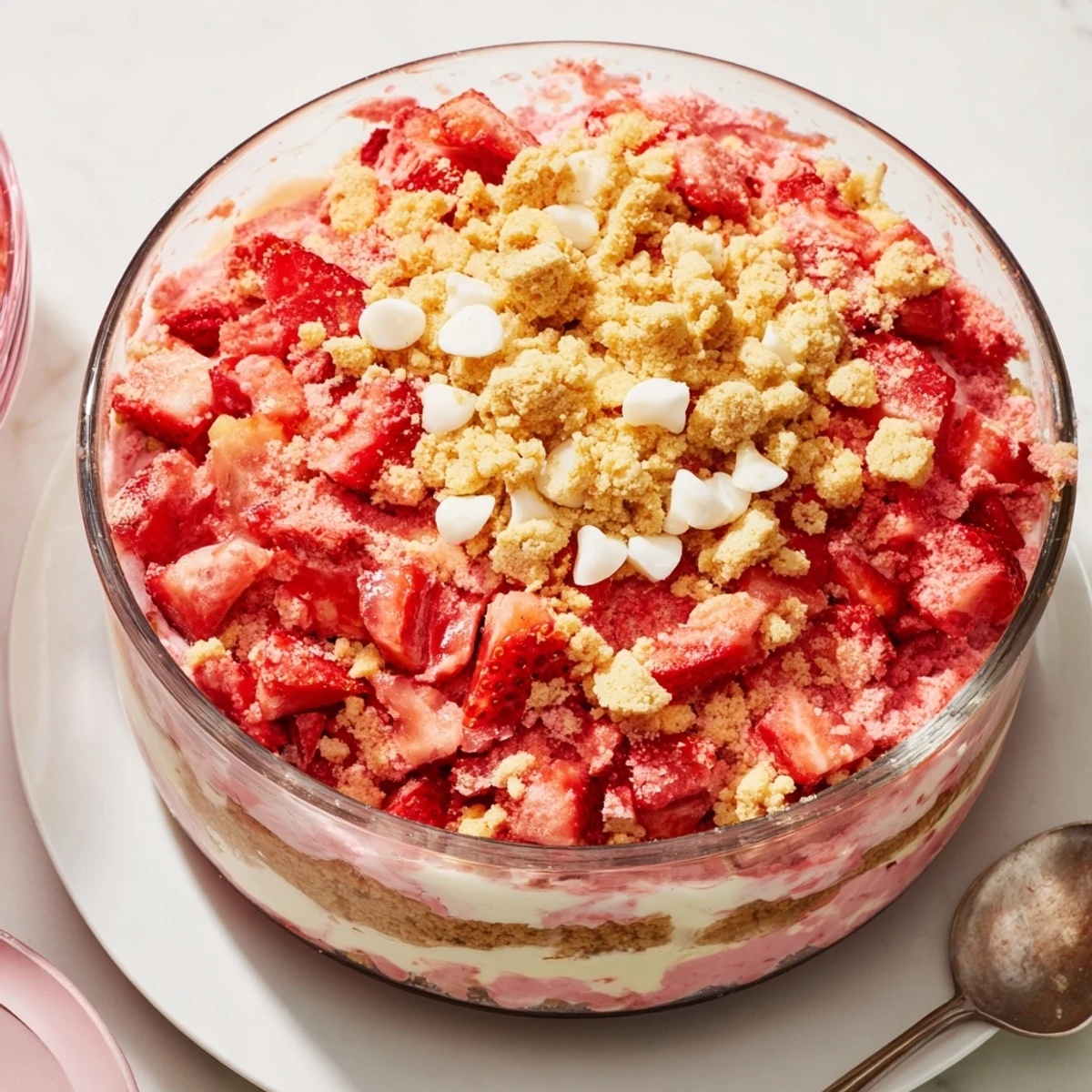 Decadent strawberry cheesecake crunch dessert topped with graham crumble and juicy red strawberries