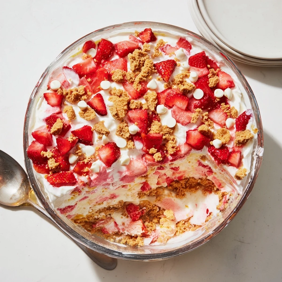 Creamy no bake strawberry cheesecake crunch served in clear glasses showing beautiful layered textures
