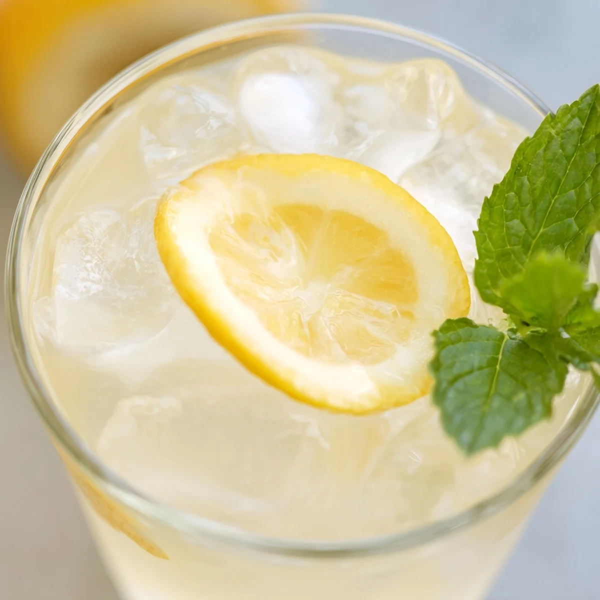 Refreshing homemade lemonade served in a clear glass pitcher with floating ice cubes and fresh lemon slices