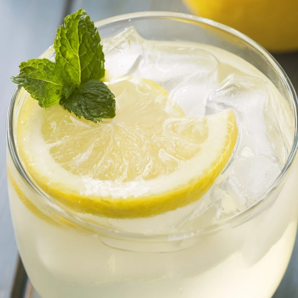 Golden lemonade with mint garnish pours into a glass filled with ice on a sunny summer day