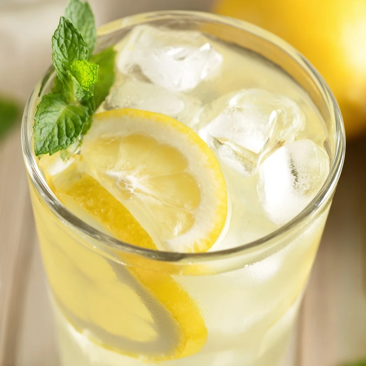 Classic lemonade recipe featuring fresh squeezed lemons, sparkling water, and decorative citrus wheels on a wooden table