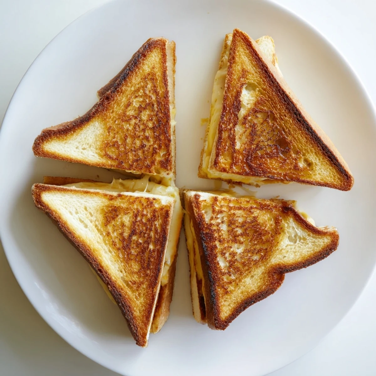 Classic American grilled cheese featuring bubbling cheese sandwiched between toasted sourdough slices on plate