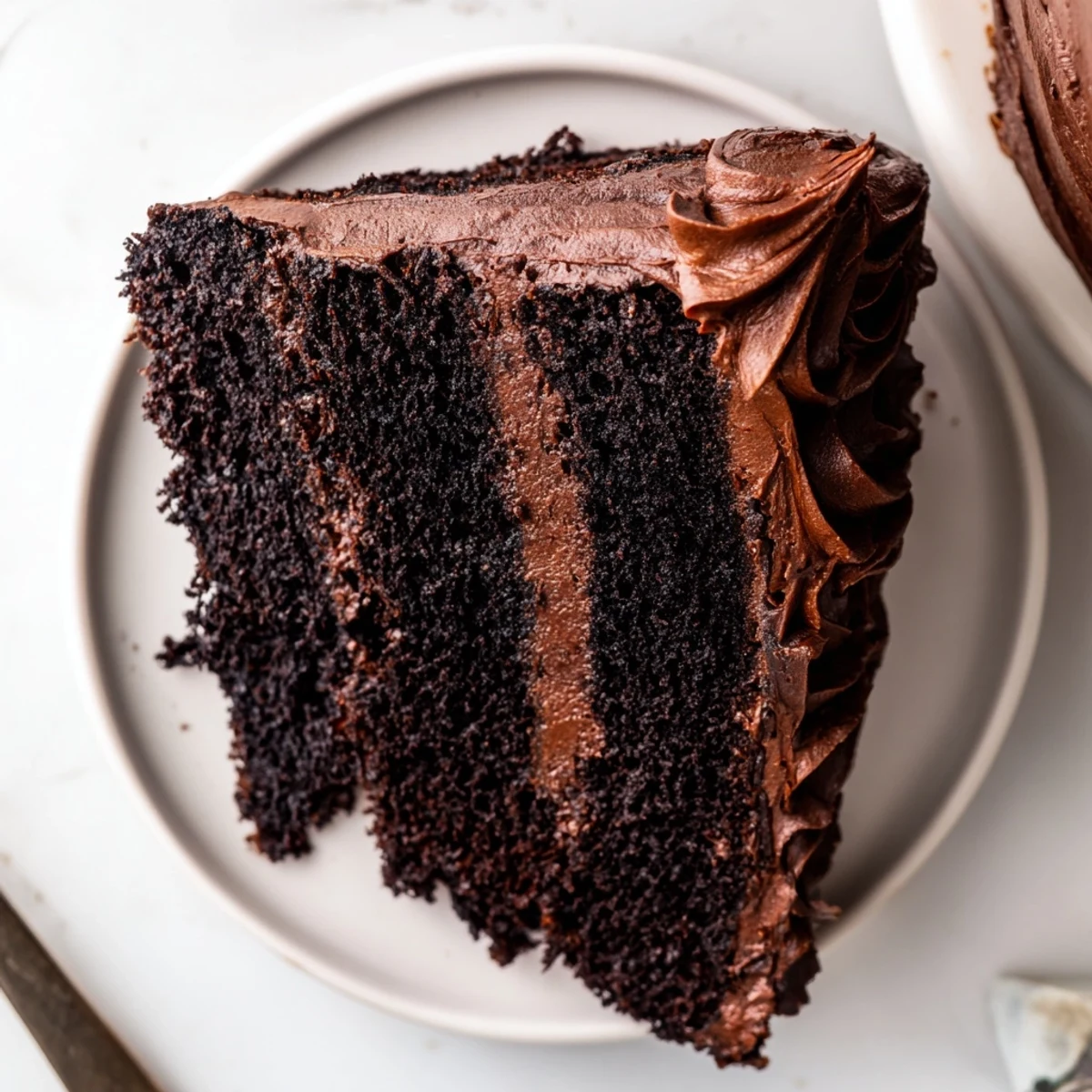 Sliced Matilda chocolate cake revealing moist dark crumb beneath thick creamy chocolate frosting