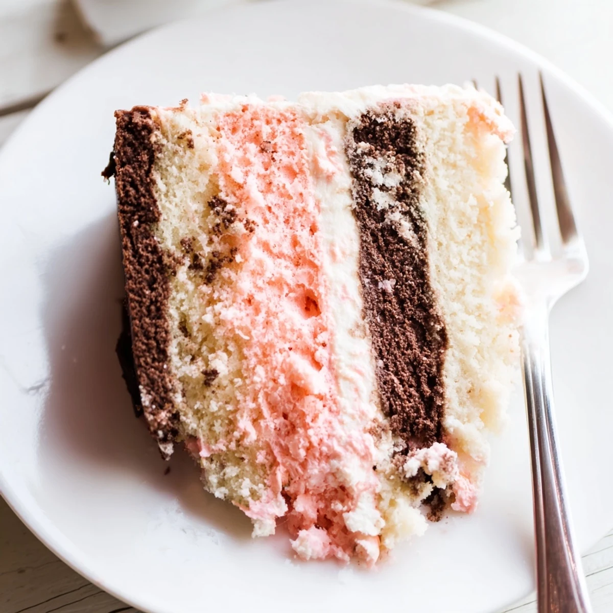Slice of Neapolitan cake revealing chocolate, vanilla, and strawberry layers with creamy buttercream frosting