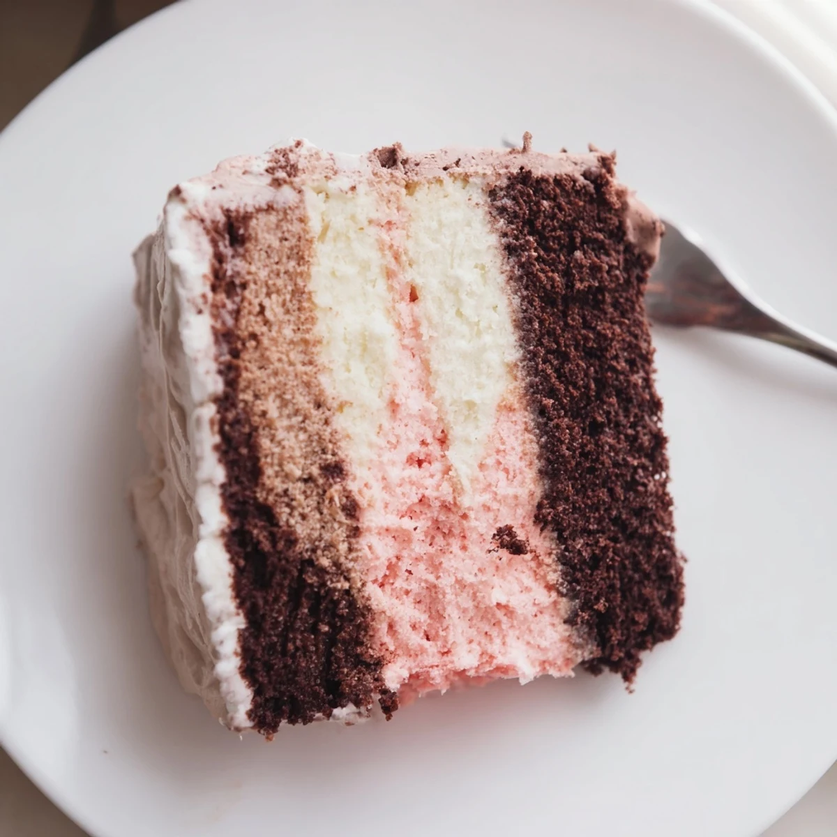 Homemade Neapolitan cake decorated with fresh strawberries and chocolate shavings on a white serving plate