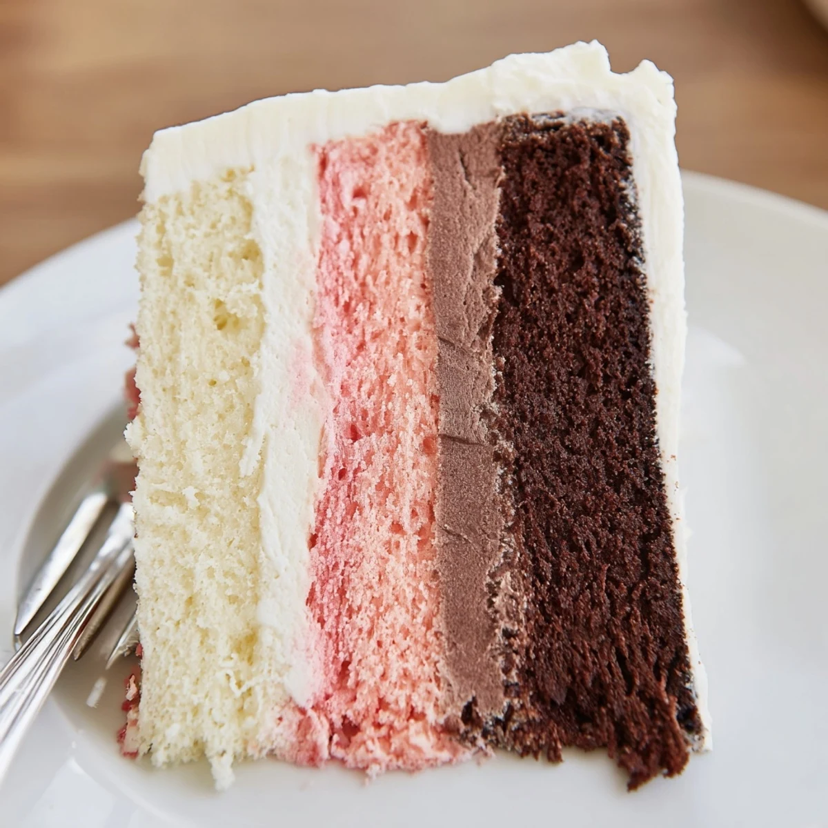 Triple-layer Neapolitan cake with pink, white, and brown horizontal slices topped with smooth vanilla buttercream