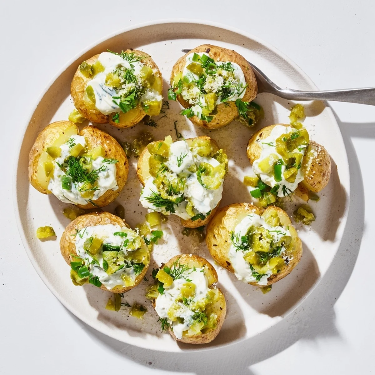 Golden crispy smashed potatoes drizzled with creamy ranch and topped with tangy chopped dill pickles and fresh green herbs