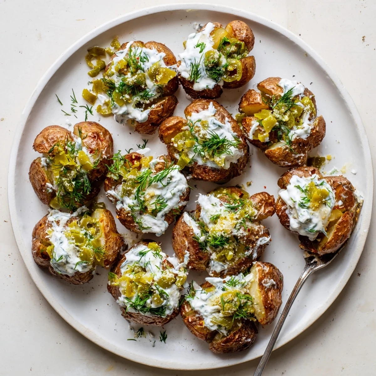 A serving platter of Dill Pickle Ranch Smash appetizer featuring crispy potato rounds smothered in tangy sauce and crunchy pickle bits