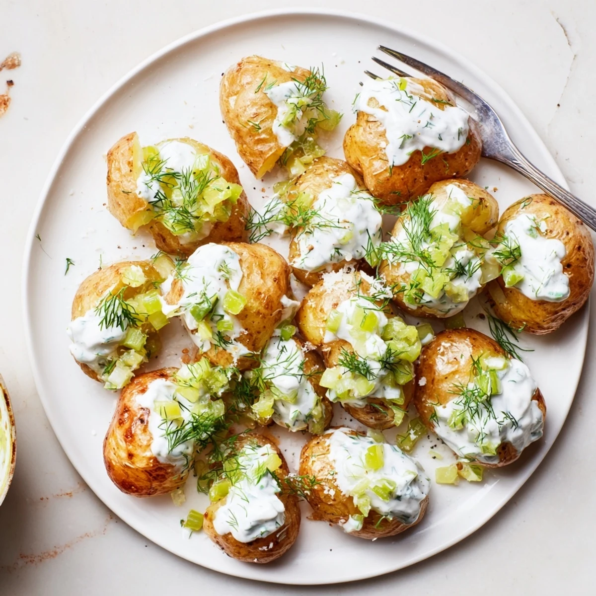 Oven-baked golden smashed potatoes topped with creamy homemade ranch sauce, diced dill pickles, and a sprinkle of fresh chives
