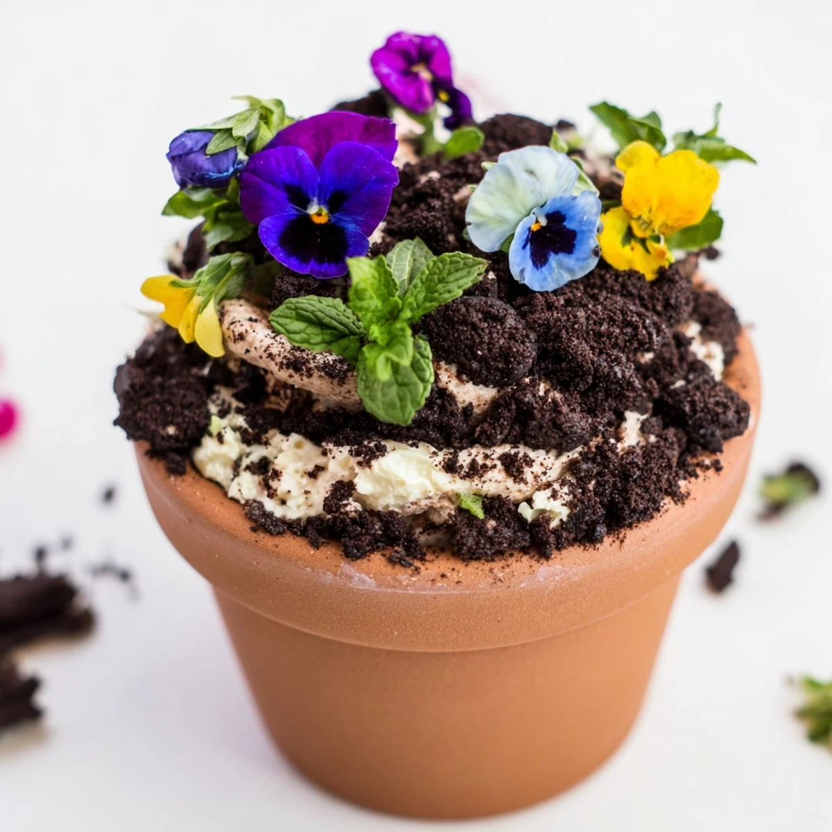 Whimsical edible potted floral garden dessert featuring chocolate cake layers with cookie crumb soil topped with vibrant edible flowers and fresh mint