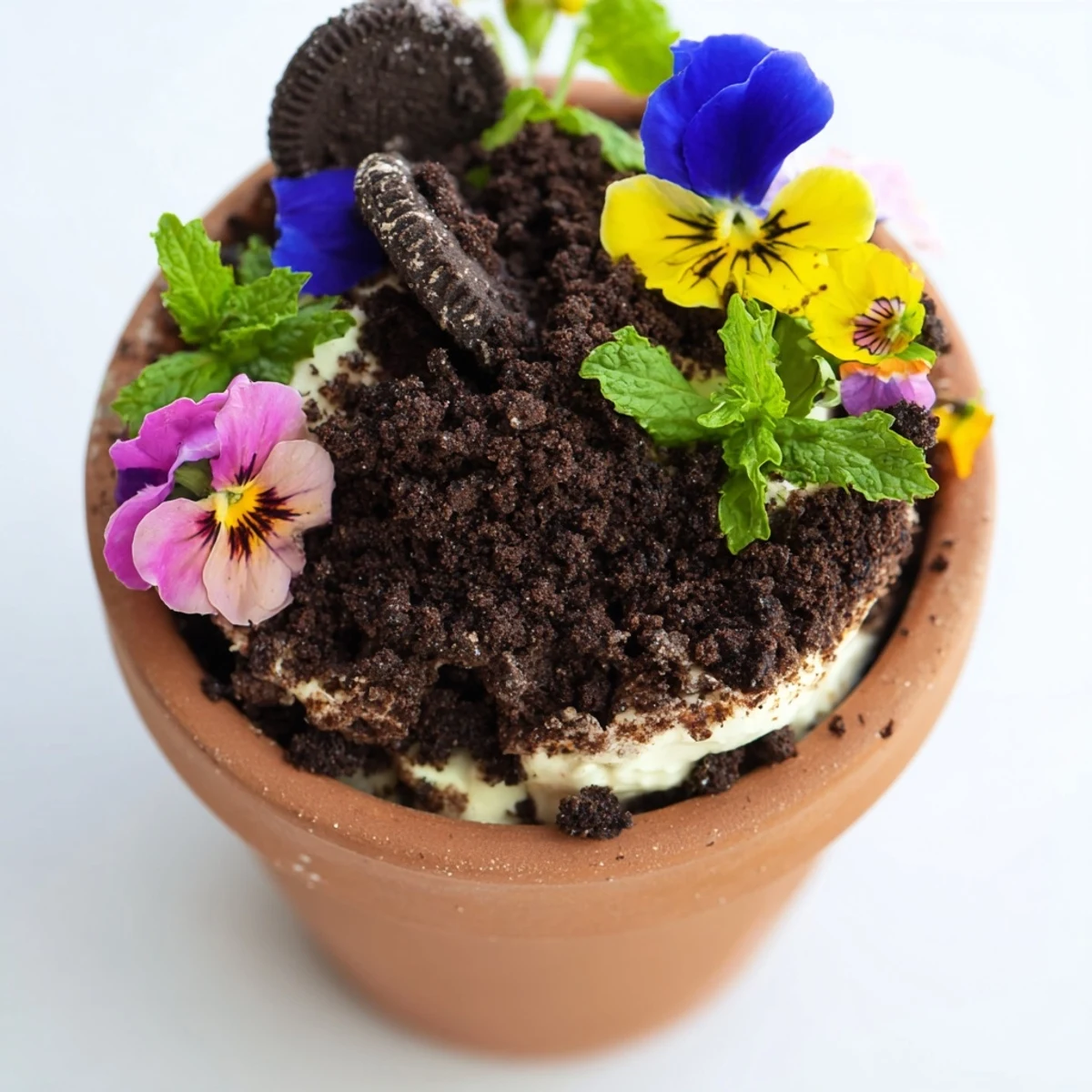 Chocolate edible potted floral garden arranged in small flower pots with creamy white filling and colorful pansies peeking through chocolate cookie soil
