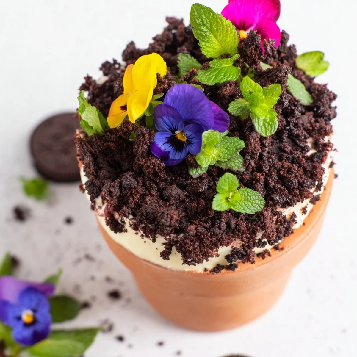 Decorative edible potted floral garden dessert showcasing layered chocolate cake and cream beneath crushed cookie dirt garnished with fresh violets and herbs