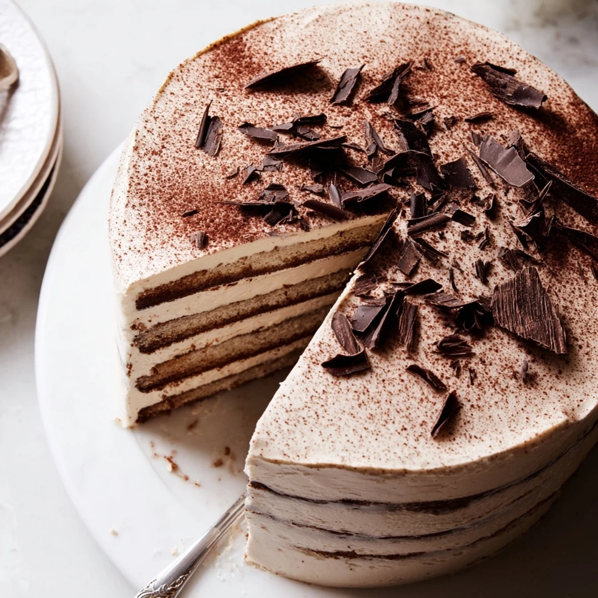 Classic Italian tiramisu cake dusted with cocoa powder and chocolate shavings