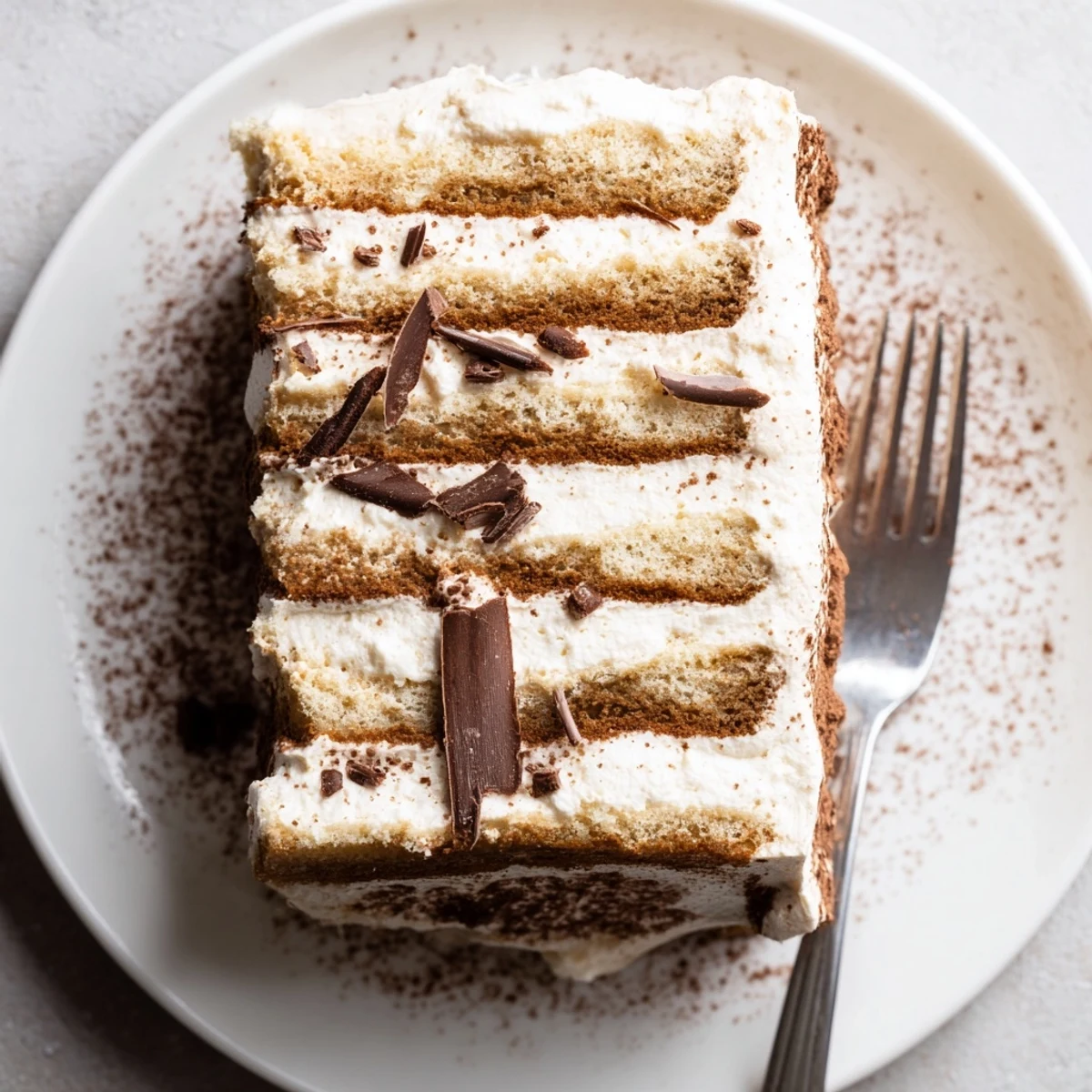Slice of tiramisu cake showing fluffy mascarpone filling between coffee-soaked layers
