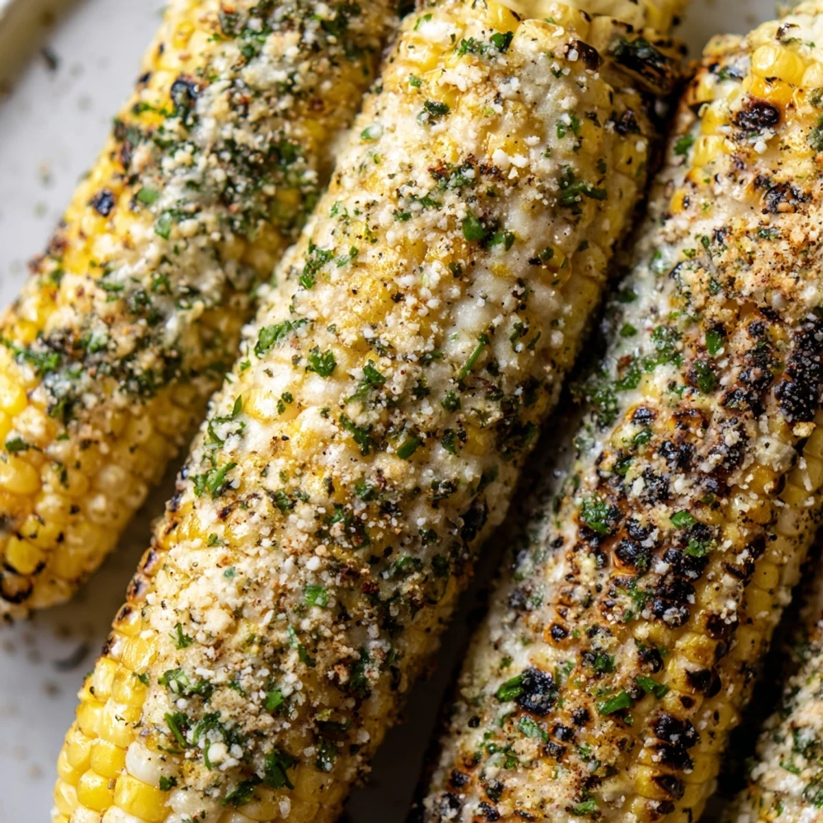 Flame-charred sweet corn ears brushed with melted herb butter and topped with savory ranch parmesan cheese blend