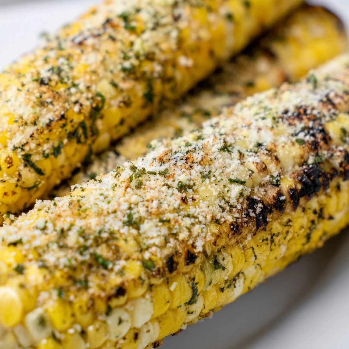 Golden grilled corn on the cob generously coated with zesty parmesan ranch herb mixture and fresh chopped parsley