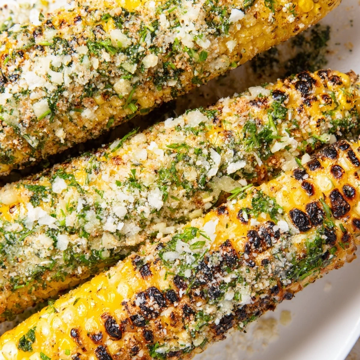 Summer BBQ side dish featuring flame-grilled corn sprinkled with creamy parmesan ranch seasoning and vibrant green herbs