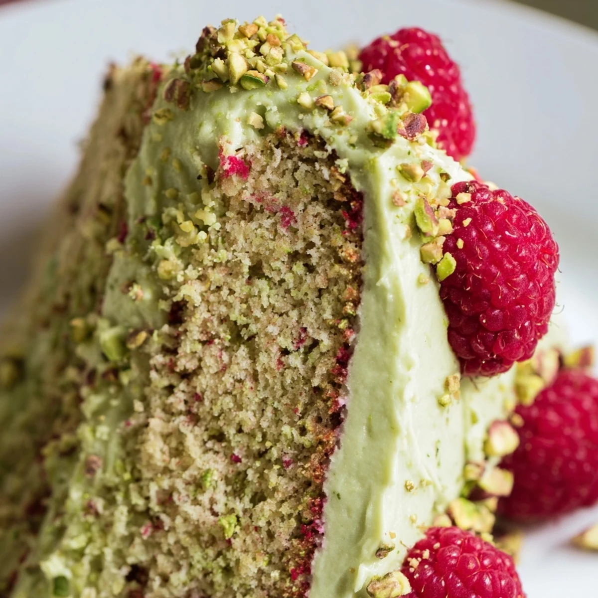 Slice of moist pistachio raspberry cake topped with creamy green frosting and fresh red berries