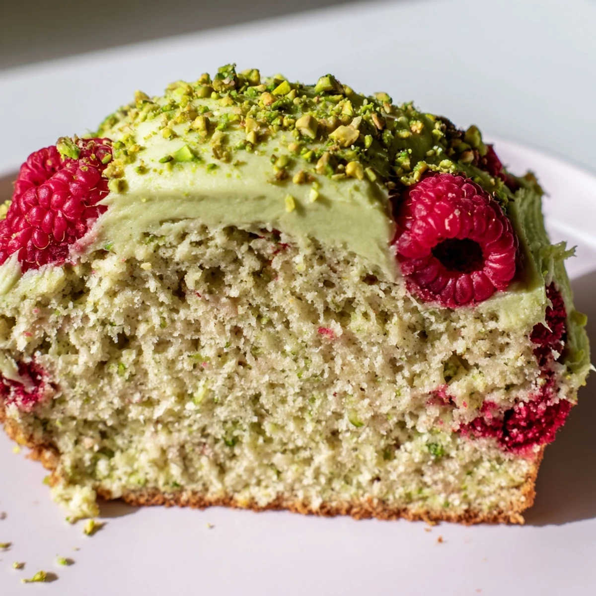 Homemade pistachio raspberry cake decorated with cream cheese frosting, raspberries, and chopped pistachios on a serving plate