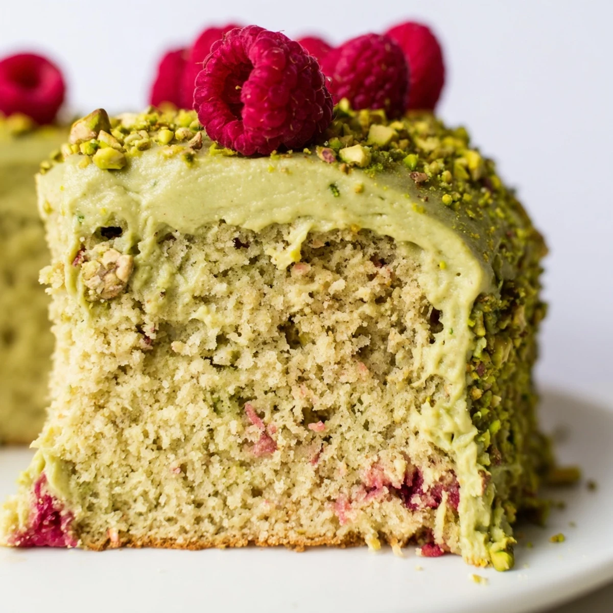 European-style pistachio raspberry cake with pistachio cream cheese frosting, fresh berry garnish, and nutty texture