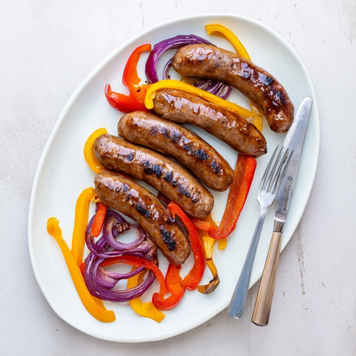 Golden brown grilled BBQ beef sausage with charred peppers and caramelized onions drizzled with tangy honey mustard glaze
