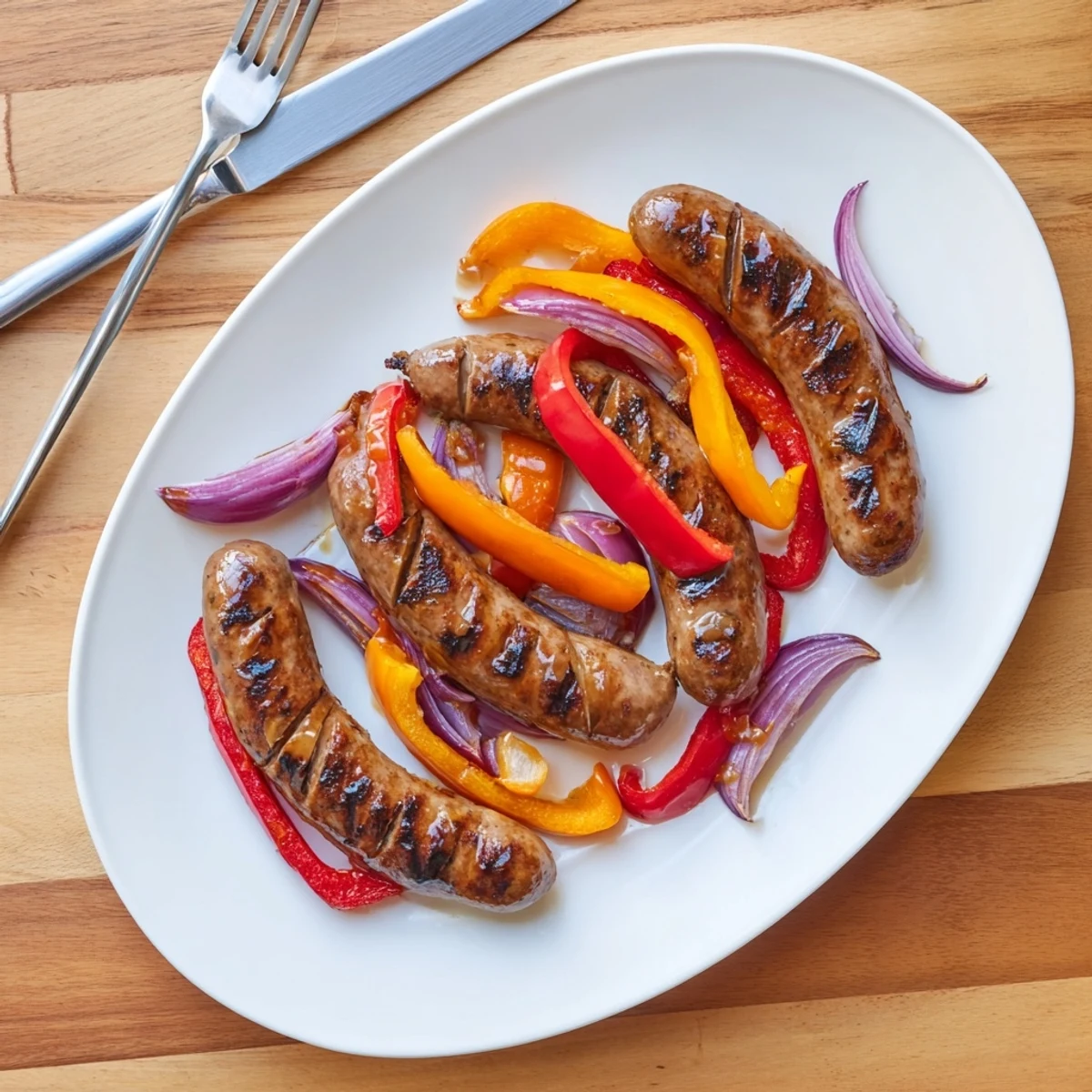Plates of juicy grilled beef sausages topped with sweet grilled peppers onions and a glossy BBQ mustard glaze