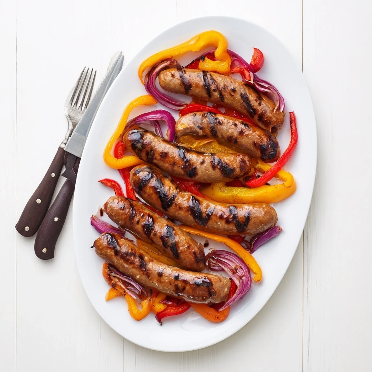 Summer barbecue spread featuring grilled beef sausage pairs with colorful bell peppers red onion and sweet mustard BBQ sauce