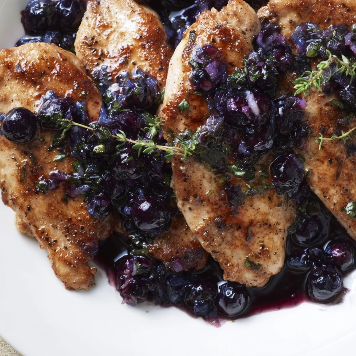 Elegant blueberry thyme chicken dish drizzled with savory fruit sauce and fresh herbs